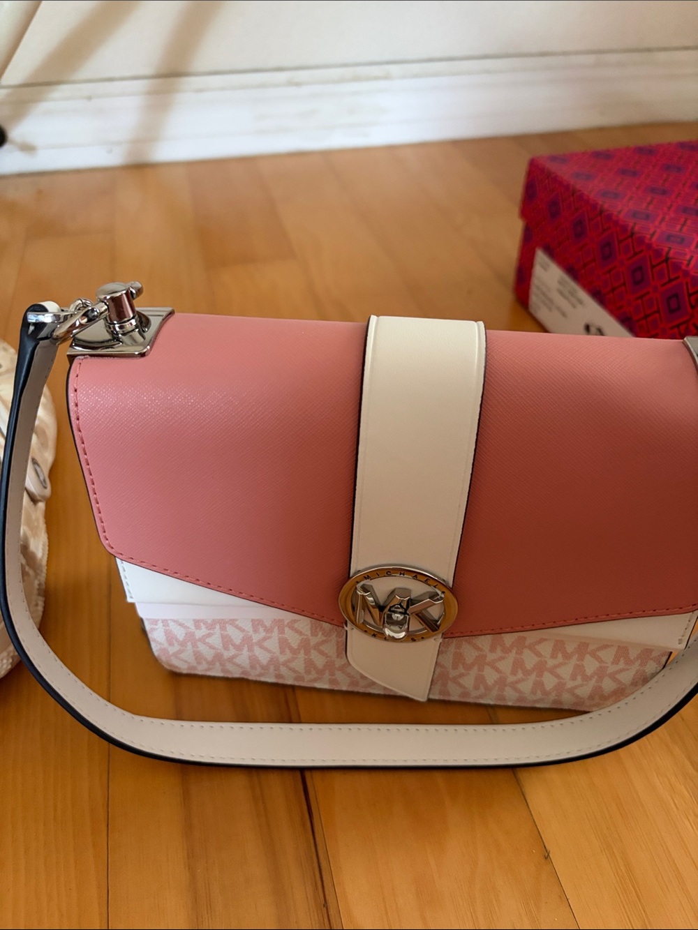 Michael Kors Pink and White Crossbody Bag with MK Logo